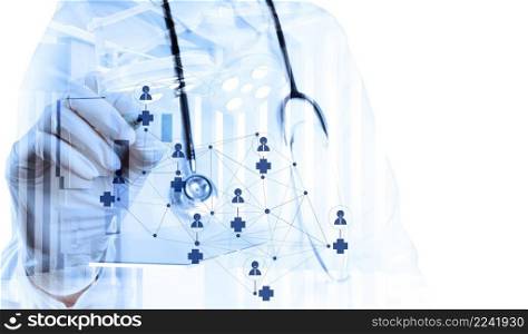 Double exposure of smart medical doctor drawing network with operating room as concept 