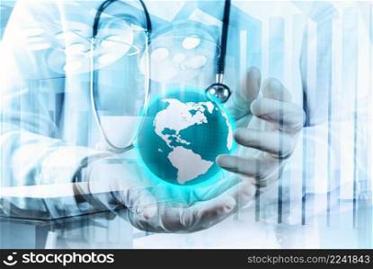 Double exposure of smart medical doctor holding the world with operating room as concept 