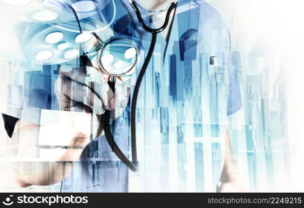 Double exposure of smart medical doctor working with abstract city as concept