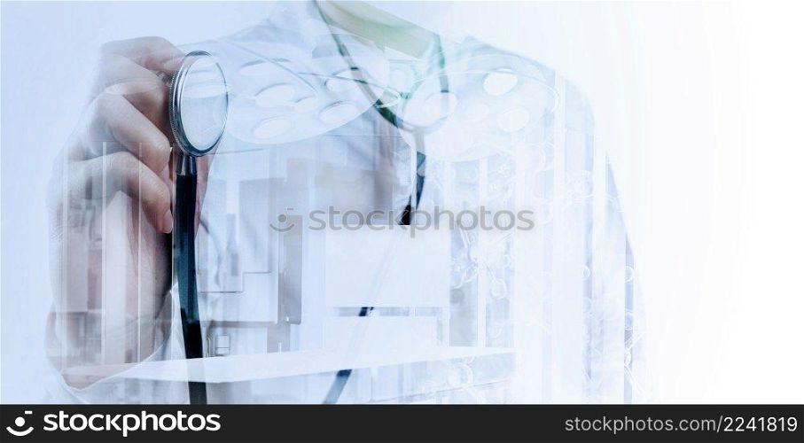 Double exposure of smart medical doctor working with abstract operating room as concept 