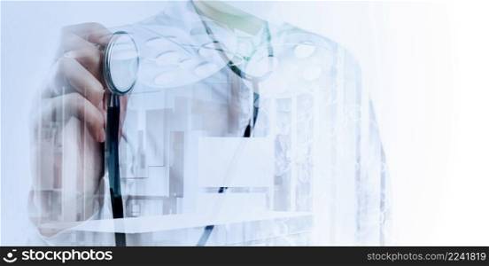Double exposure of smart medical doctor working with abstract operating room as concept 