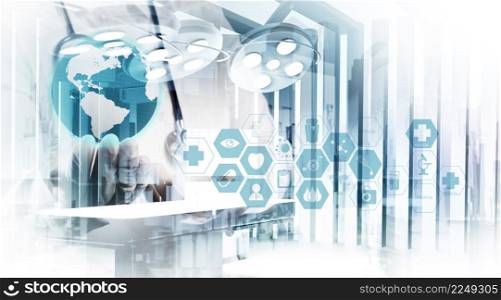 Double exposure of smart medical doctor working with abstract operating room as concept