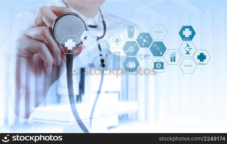 Double exposure of smart medical doctor working with operating room as concept