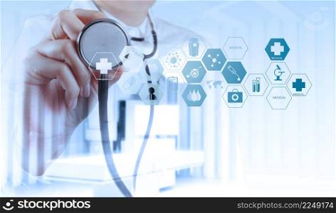 Double exposure of smart medical doctor working with operating room as concept