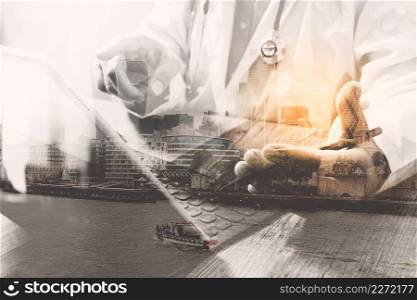 Double exposure of smart medical doctor working with smart phone,digital tablet computer,stethoscope and London city,Thames river,on wood desk