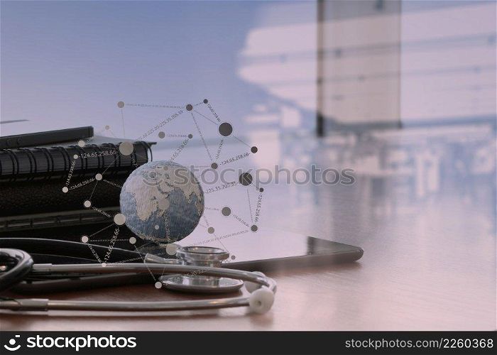 double exposure of stethoscope and texture globe with digital tablet with social media network diagram  as medical network concept