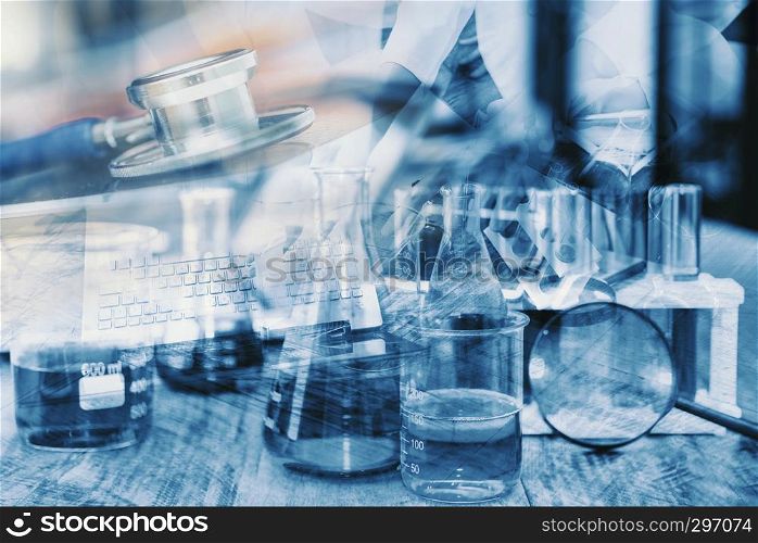 Double exposure of stethoscope with test tube and chemical structure in blue pharmaceutical research science laboratory background