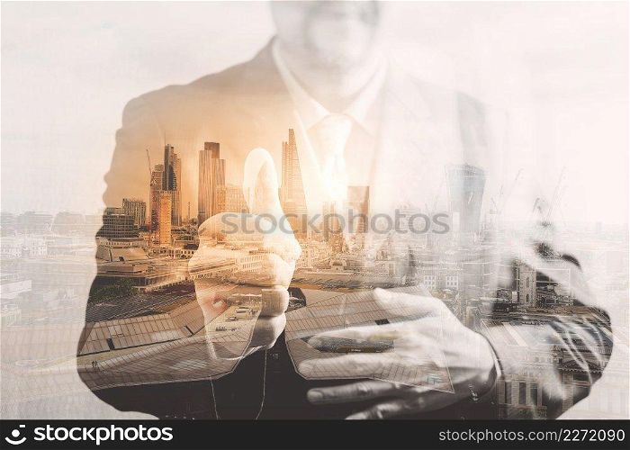 Double exposure of success businessman showing hand thumb with London building,city,river,Bigben,front view,filter effect