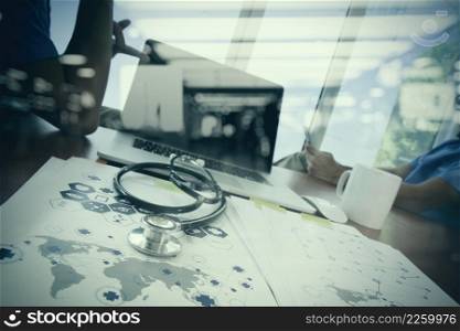 double exposure of team doctor working with laptop computer in medical workspace office and medical network media diagram as concept