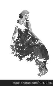 double exposure of woman in fashion dress with nature tree branches background