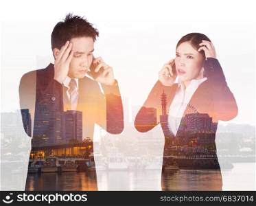double exposure of worried businessman and businesswoman talking on smartphone with a city background