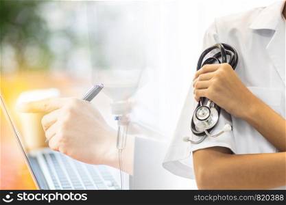 Double Exposure of Young adult female doctor hold stethoscope in examination room medical office.