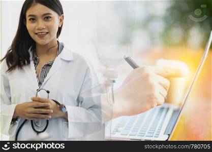 Double Exposure of Young adult female doctor in examination room medical office.