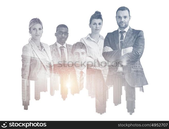 Double exposure of young ambitious business group on white background