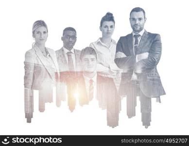 Double exposure of young ambitious business group on white background