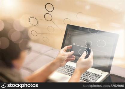 double exposure of young designer working with smart phone and computer in bed as concept
