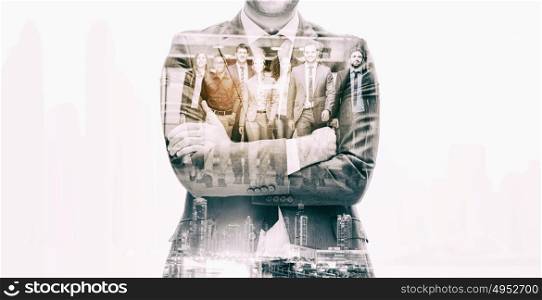 double exposure of young multi ethnic business people group walking standing and top view