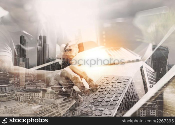 Double Exposure,Outsource Developer working on marble Desk Working Laptop Computer Mobile Application Software and digital tablet dock smart keyboard,compact server
