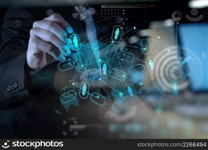 double exposure photo of businessman working with new modern computer show social network structure as concept