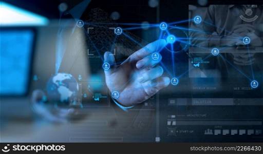 double exposure photo of businessman working with new modern computer show social network structure