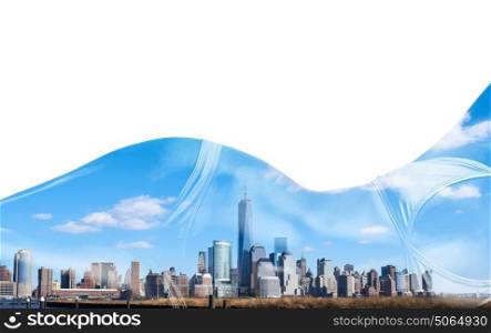 Double exposure portrait of woman in bikini and New York City Manhattan skyline isolated on white background