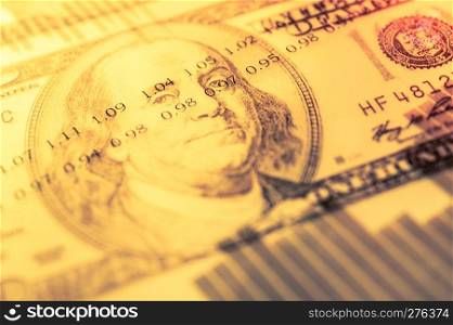 Double exposure Stock market display or forex trading graph and candlestick chart on dollars banknote. Economy trends background for business idea and all art work design. Abstract finance background.. Double exposure Stock market display or forex trading graph and candlestick chart on dollar banknote