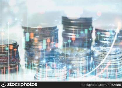 Double exposure Stock market investment trading financial coins with graph on virtual screen. Business saving money accounting economy concept.