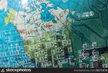 Double exposure technology background and world map. Motherboard