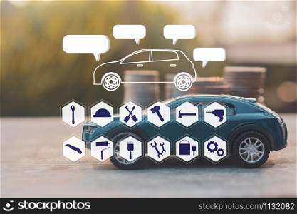 Double exposure tool equipment icon Cars Model coins stack on wooden table Finance insurance and Transportation concept background
