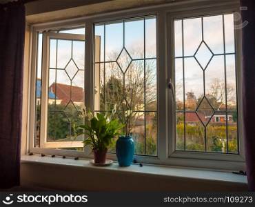 double glass window from inside bedroom vase flowers; essex; england; uk