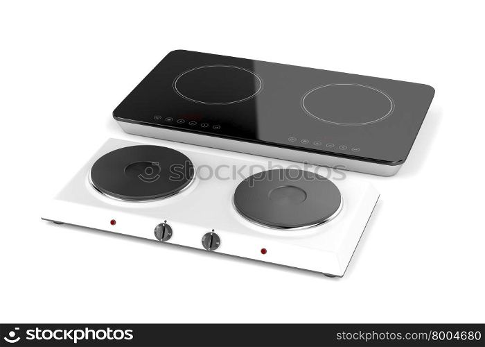 Double hot plate and induction cooktop on white background