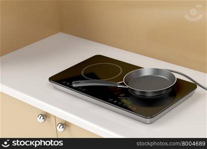Double induction cooktop with frying pan in the kitchen