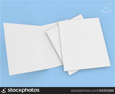 Double open brochure mockup and sheets of paper on blue background .3d render illustration.. Double open brochure mockup and sheets of paper on blue background .