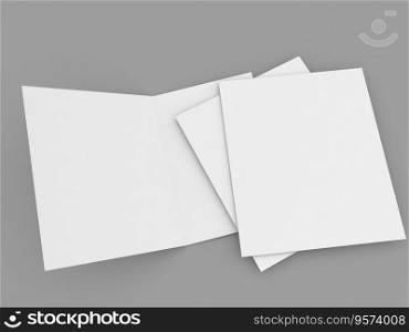 Double open brochure mockup and sheets of paper on grey background .3d render illustration.. Double open brochure mockup and sheets of paper on grey background .