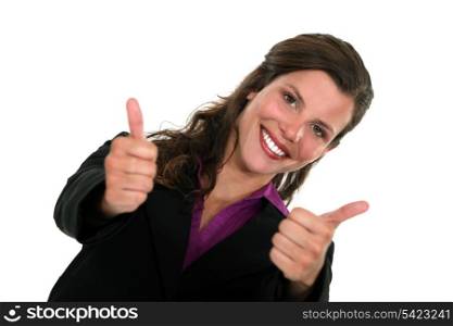 Double thumbs up from a smiling businesswoman