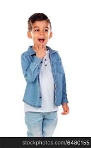 Doubtful child with denim shirt isolated on a white background