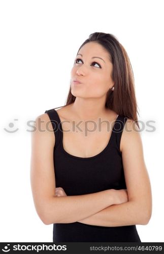 Doubtful cool brunette woman isolated on a white background