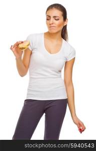 Doubting young woman with sandwich isolated