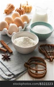 Dough recipe ingredients on white rural wood kitchen table