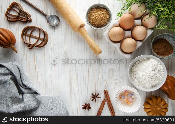 Dough recipe ingredients on white rural wood kitchen table