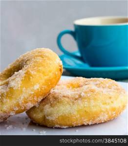 Doughnuts And Coffee Showing Glazed Donut And Sweet