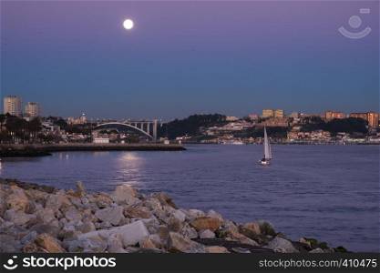 Douro River panorama of evening Porto, Portugal