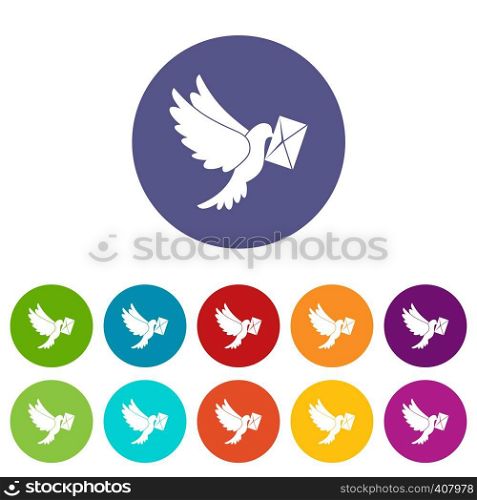 Dove carrying envelope set icons in different colors isolated on white background. Dove carrying envelope set icons