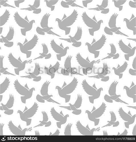 Dove silhouettes seamless pattern. Pigeon birds vector texture. Dove grey silhouettes on white seamless pattern