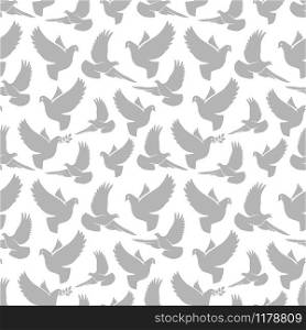 Dove silhouettes seamless pattern. Pigeon birds vector texture. Dove grey silhouettes on white seamless pattern