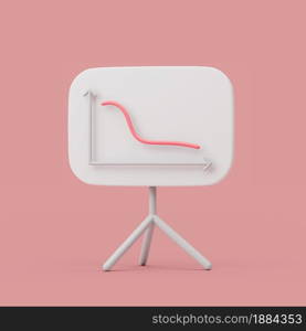 Down graph line on white board. Simple 3d render illustration on pastel background. Isolated object with soft shadows. Down graph line on white board. Simple 3d render illustration on pastel background.