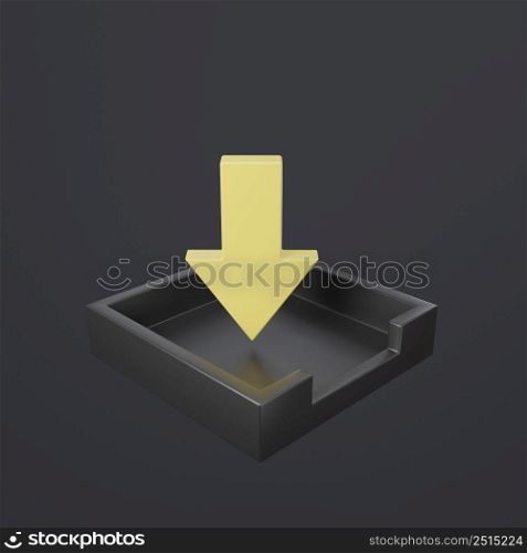 Download icon with yellow downward arrow point to box concept of internet data transfer 3D rendering illustration