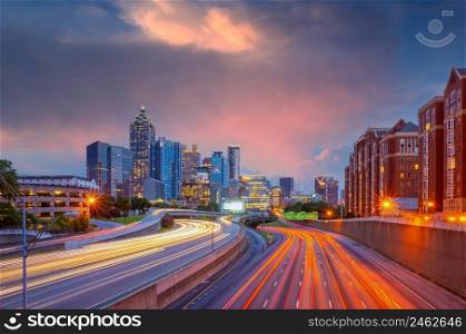 Downtown Atlanta center area skyline cityscape of USA at twilight