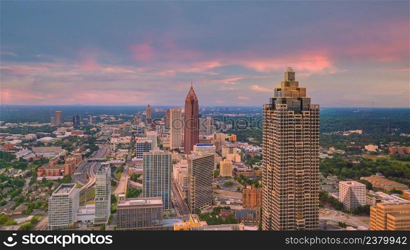 Downtown Atlanta city skyline cityscape of Georgia, USA at sunset