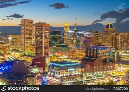 Downtown Baltiimore city skyline cityscape of Maryland in USA